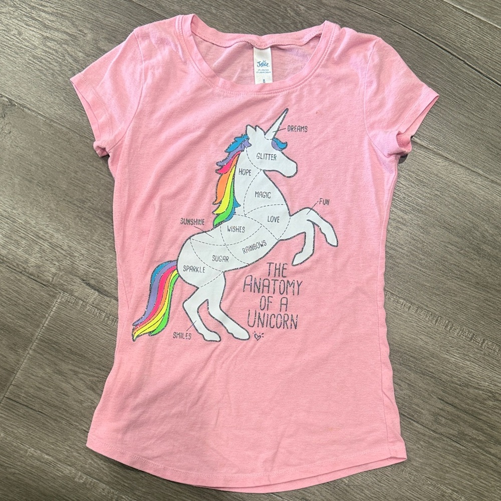 Justice Pink Tee with Rainbow Unicorn Design